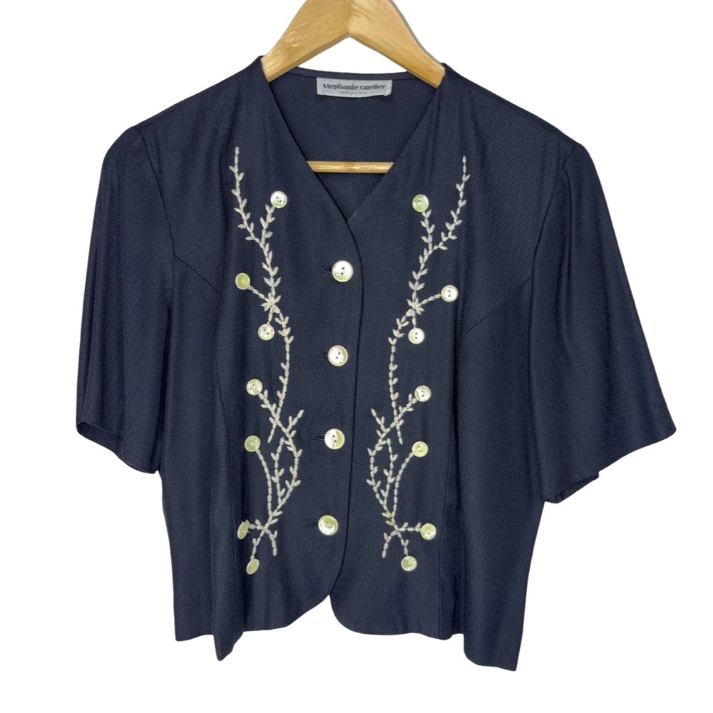 Stephanie Cueller vintage Embroidered crop Navy Short Sleeve Button Front Top